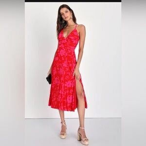 Lulu's Vibrant Moment Red Floral Midi Dress - Pleated, Floral, Lace-Up